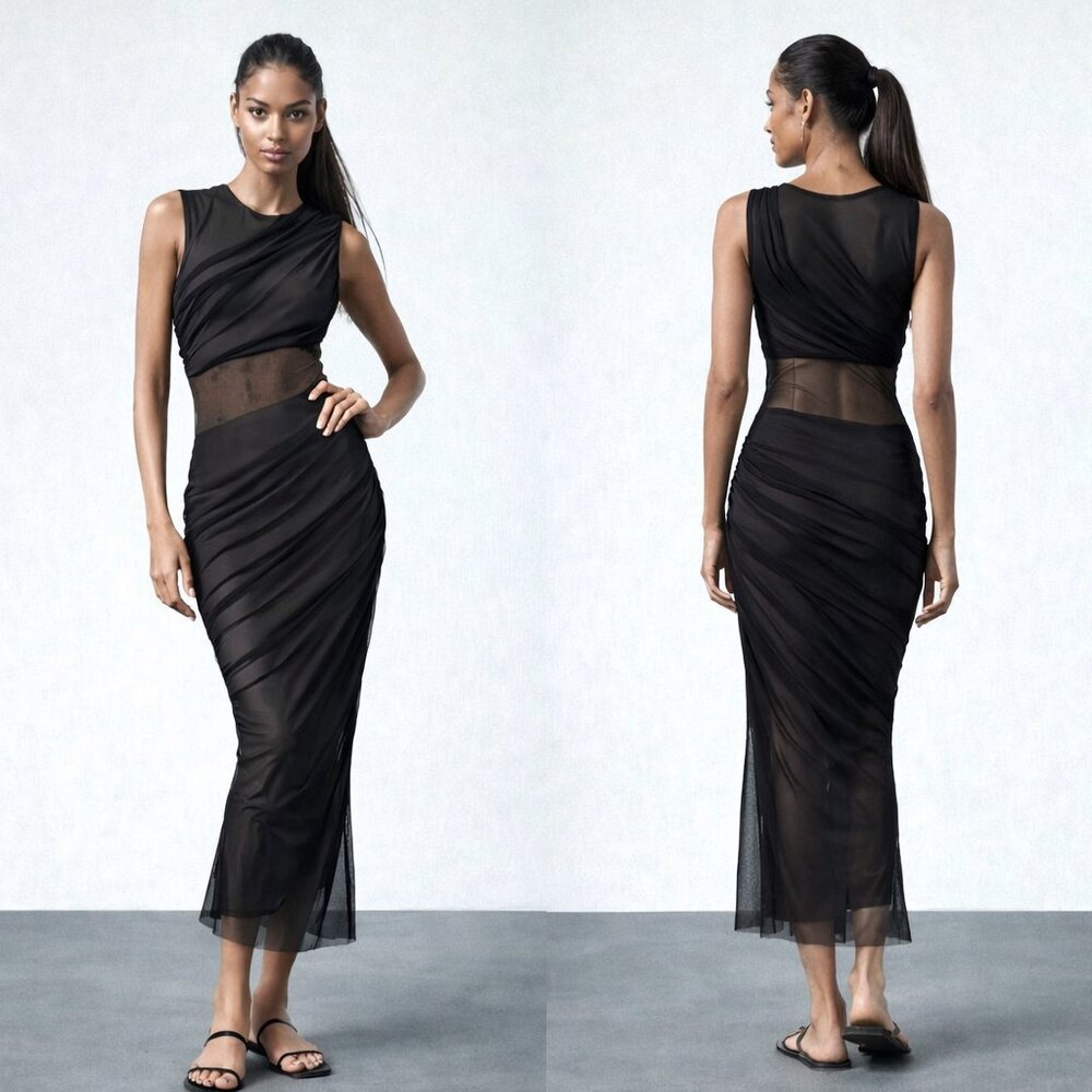 Zara Black Sheer Tullie Ruched Midi form fitting Dress, .Blogger's Fav- Size S